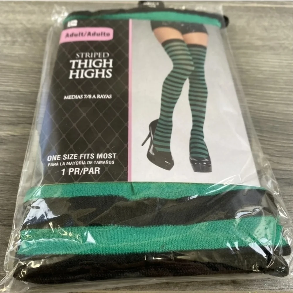 NWT Striped Thigh Highs Green Black OS Adult Halloween Costume Witch St. Patrick